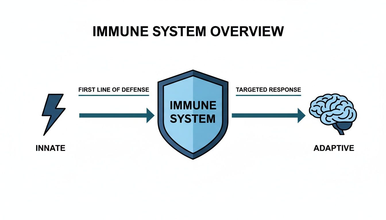 Overview of the immune system, contrasting innate immunity as first line of defense with adaptive immunity for targeted response.