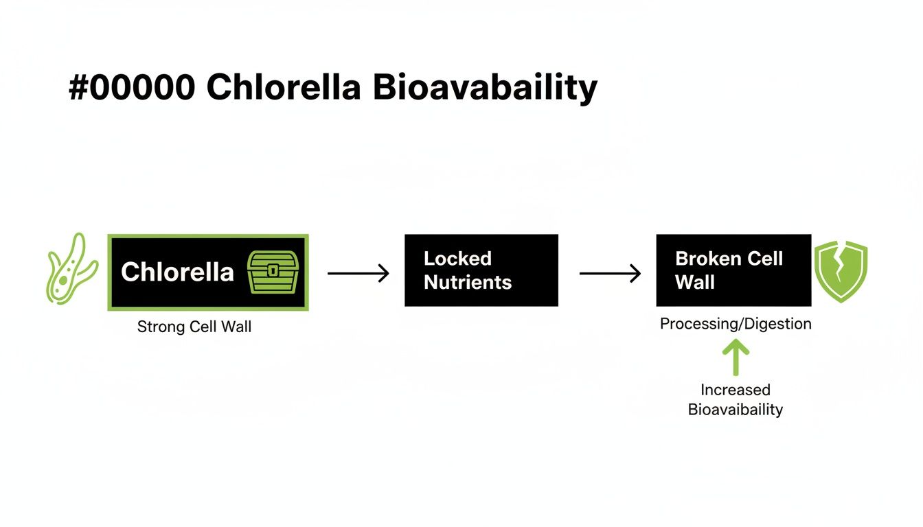 Diagram illustrating how breaking Chlorella's strong cell wall leads to increased nutrient bioavailability.