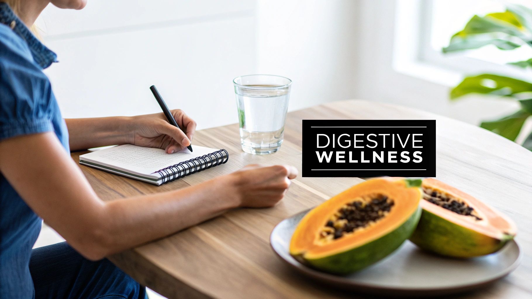 Person writing in a notebook on a wooden table with a glass of water and papaya halves, promoting digestive wellness.
