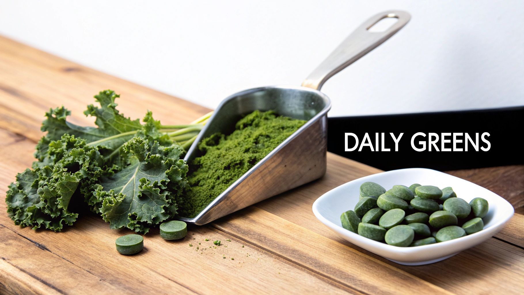 Fresh kale, green powder in a scoop, and green supplement tablets on a wooden board.