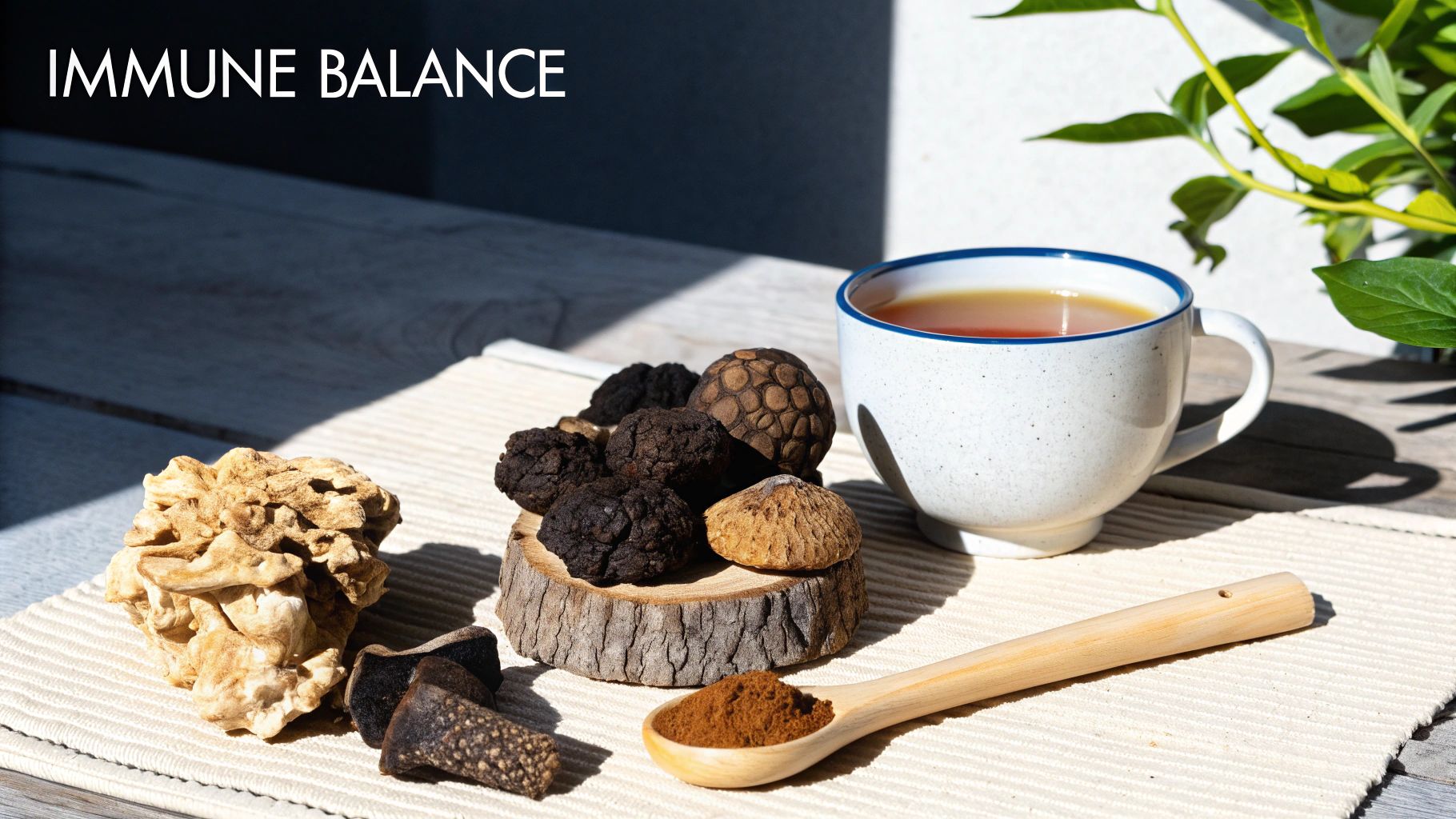 Assortment of natural ingredients, including dried herbs, mushrooms, and a cup of tea, promoting immune balance.