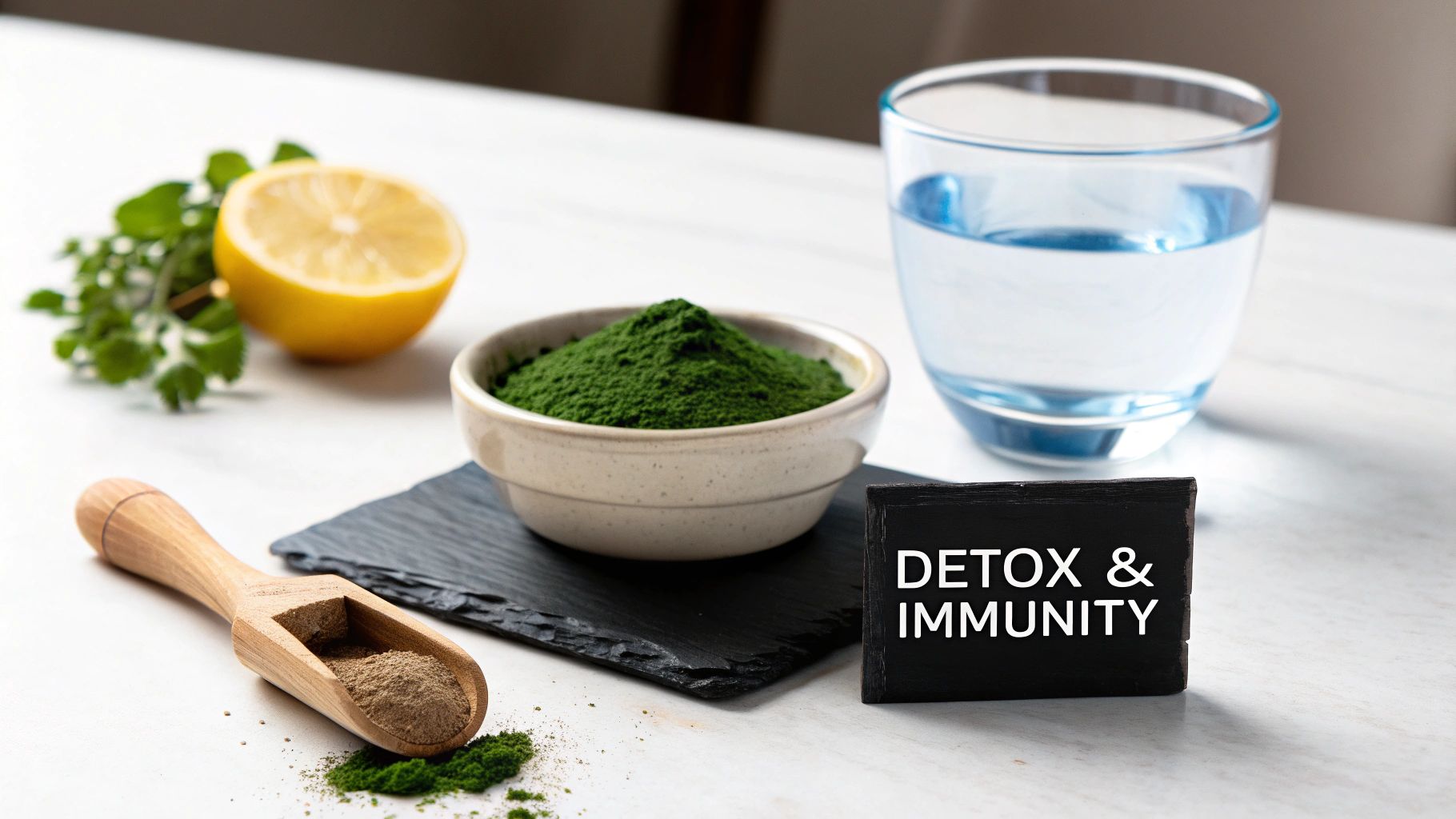 A health and wellness setup with green powder, water, lemon, herbs, and a 'Detox & Immunity' sign.