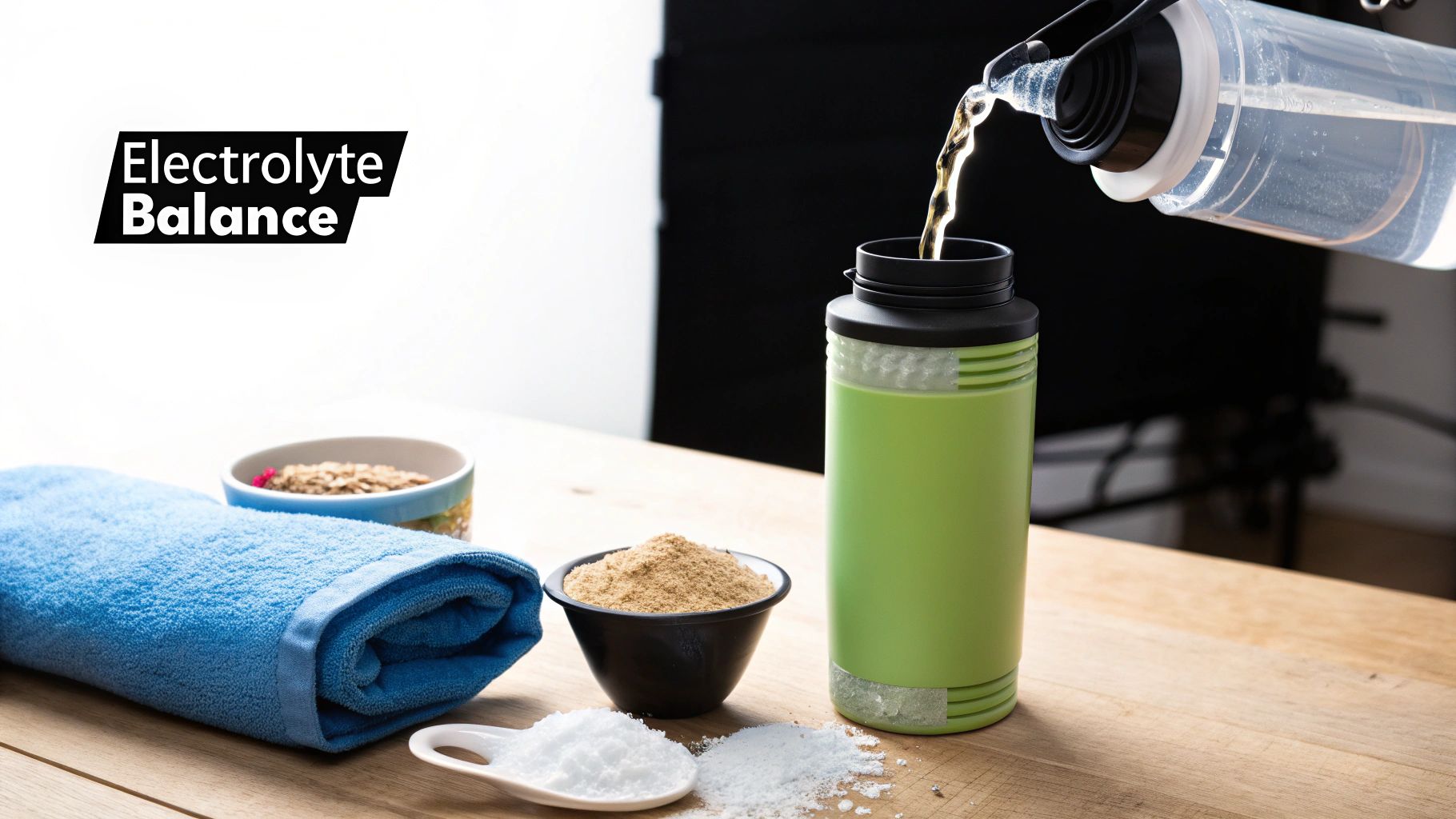 Person pouring liquid into a green water bottle, surrounded by electrolyte powders and a towel.