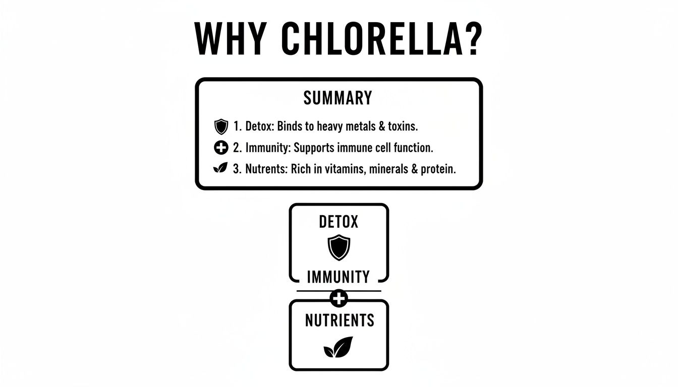 Infographic explaining Chlorella benefits for detox, immunity, and essential nutrients with icons.
