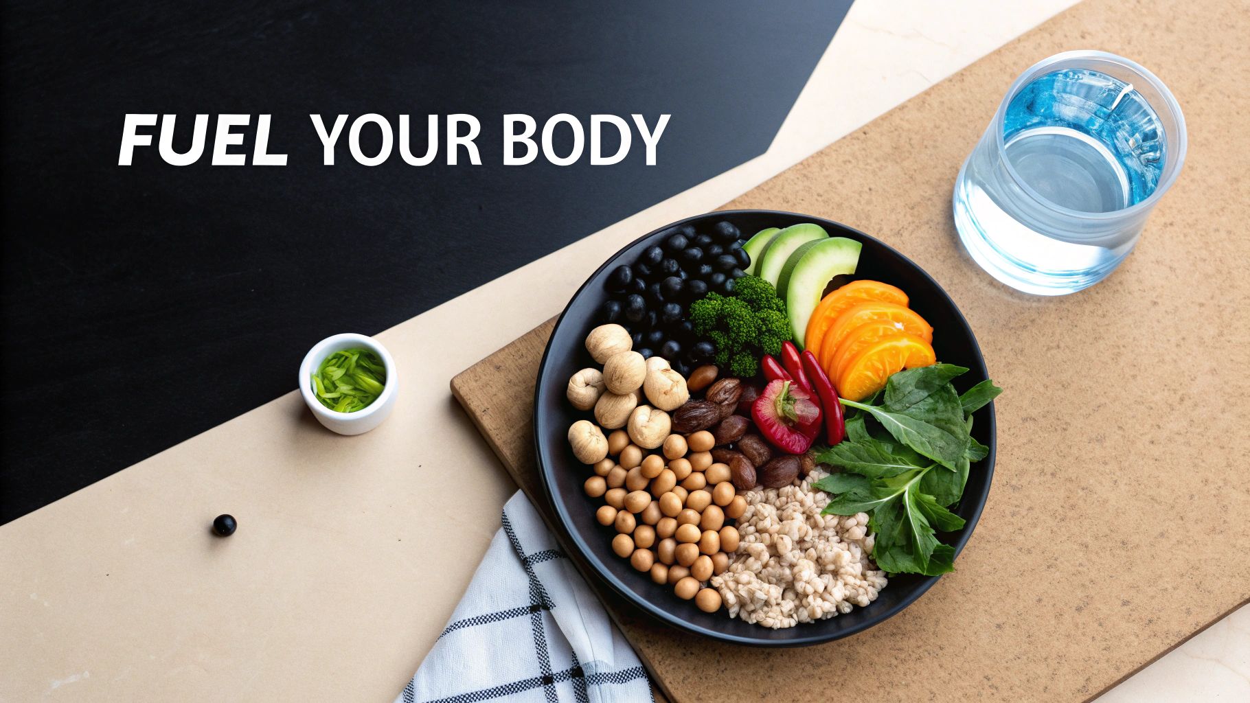 A vibrant bowl of healthy food, including fruits, vegetables, and grains, next to a glass of water, with the text 'FUEL YOUR BODY'.