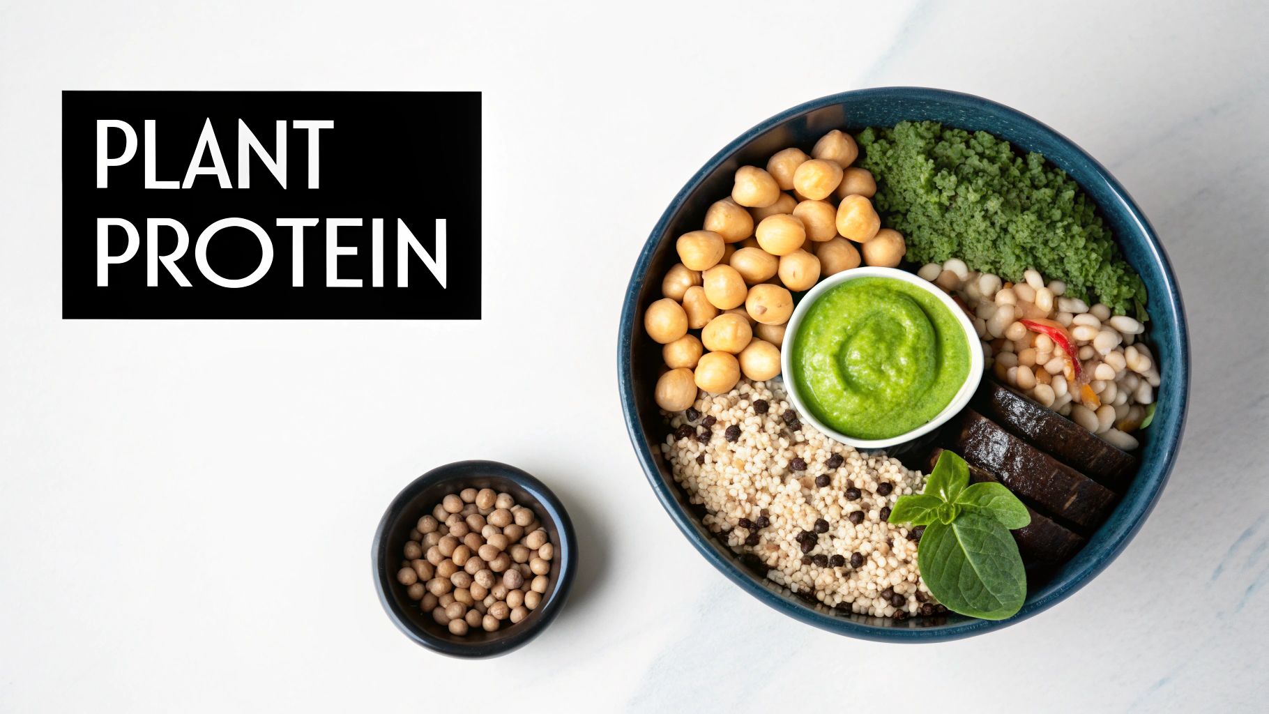 Overhead view of a colorful plant-based protein bowl with chickpeas, beans, green pesto, grains, and vegetables.