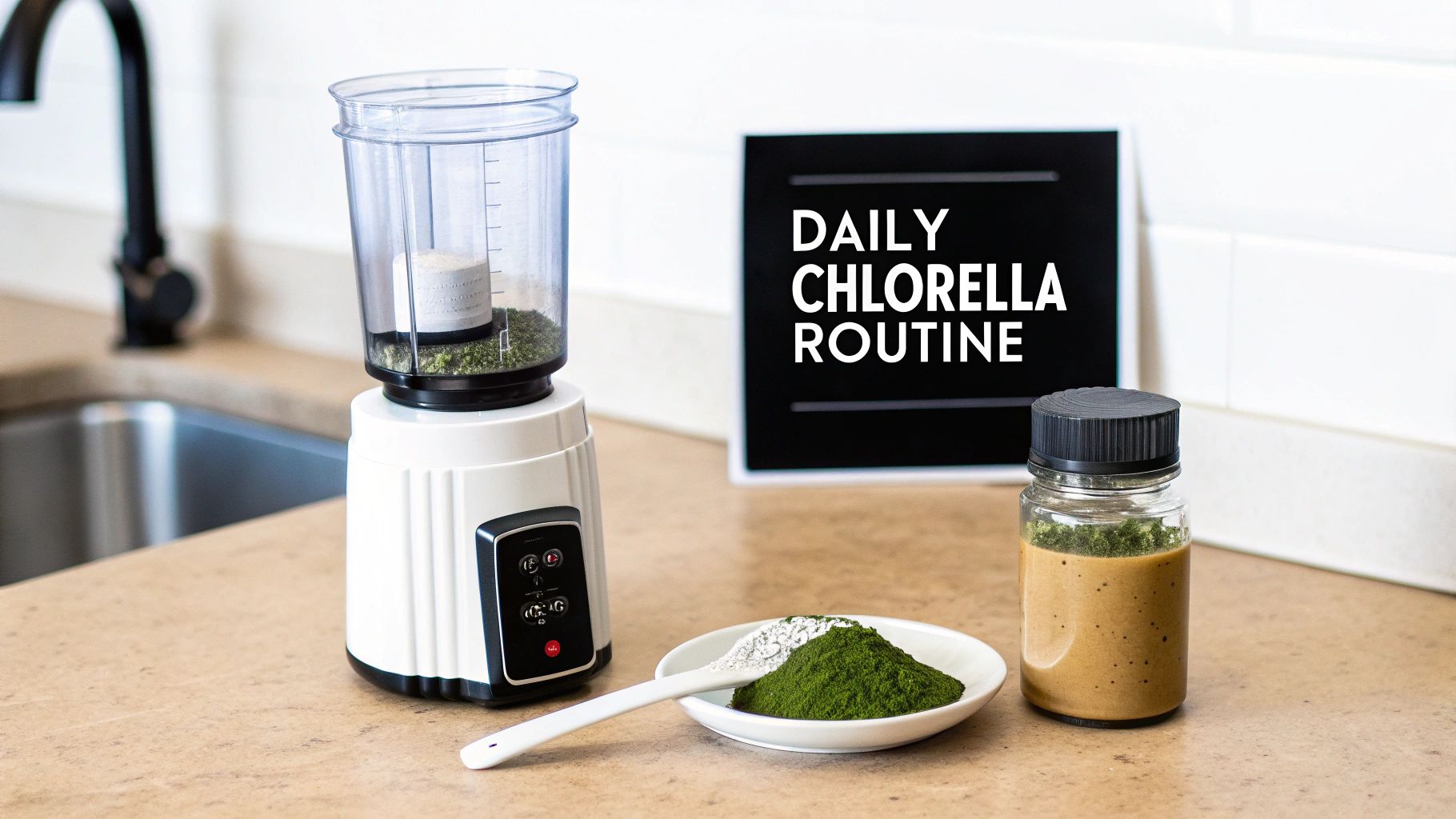 A kitchen scene showing a blender, chlorella powder, and a prepared chlorella smoothie.