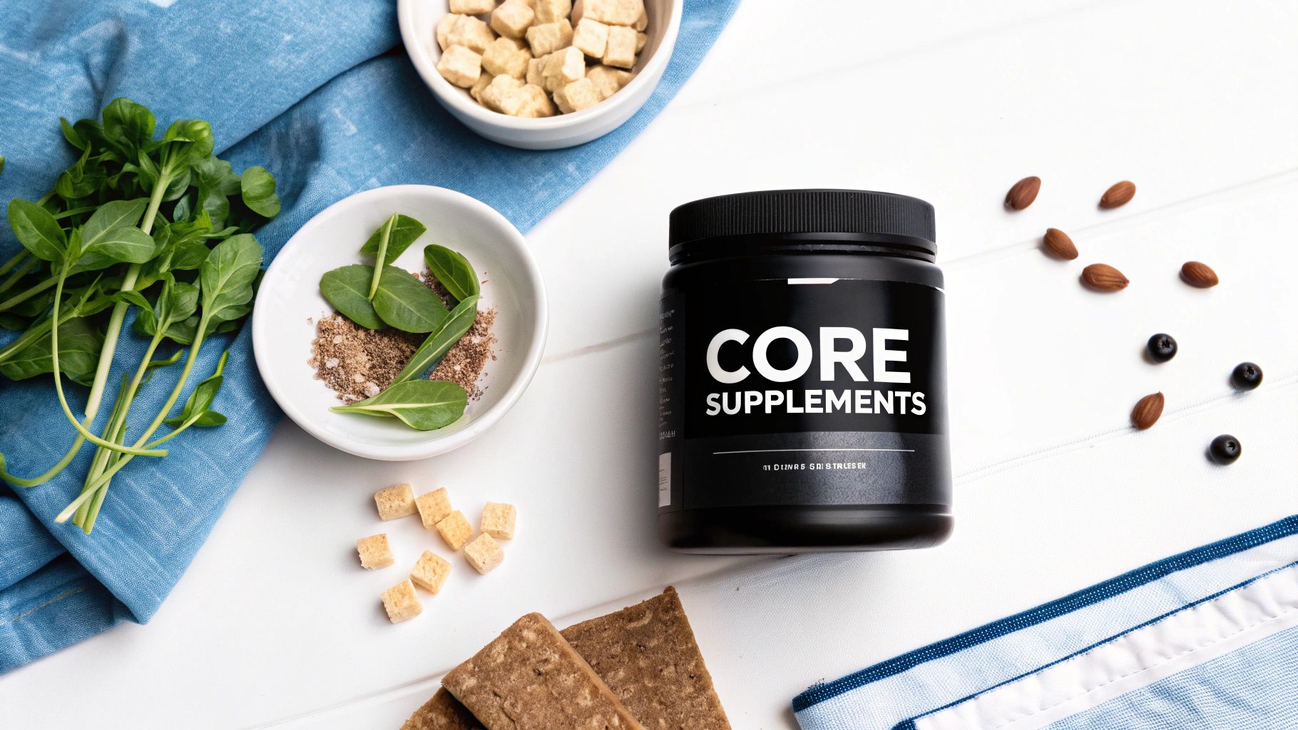 A black jar of CORE SUPPLEMENTS, surrounded by fresh greens, tofu, almonds, blueberries, and crackers on a white background.