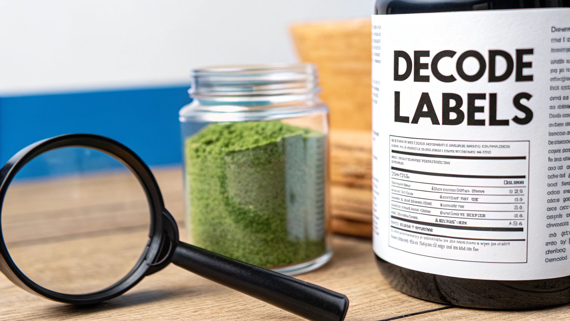 A magnifying glass, green powder, and a "DECODE LABELS" bottle highlight ingredient scrutiny.