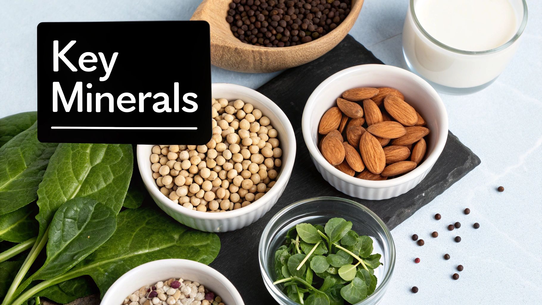 A variety of plant-based foods, including spinach, soybeans, almonds, and milk, labeled 'Key Minerals'.
