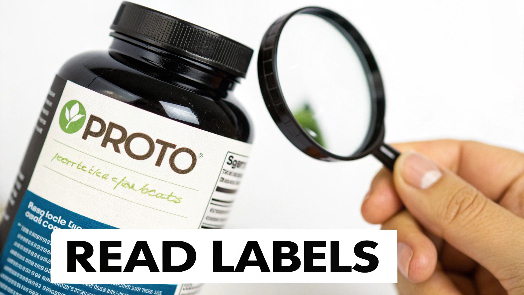 A magnifying glass held by a hand over a 'PROTO' supplement bottle, with text 'READ LABELS'.