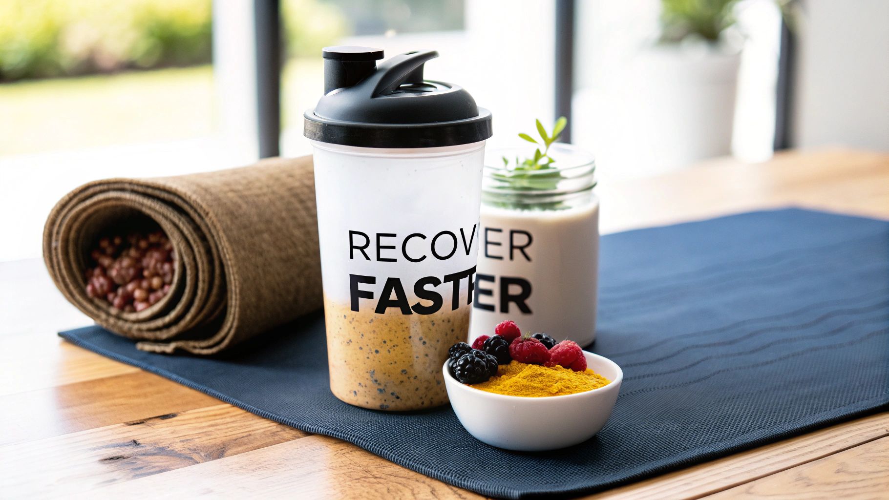 Fitness recovery scene with shaker bottle, smoothie, berries, turmeric, and yoga mat on a wooden table.
