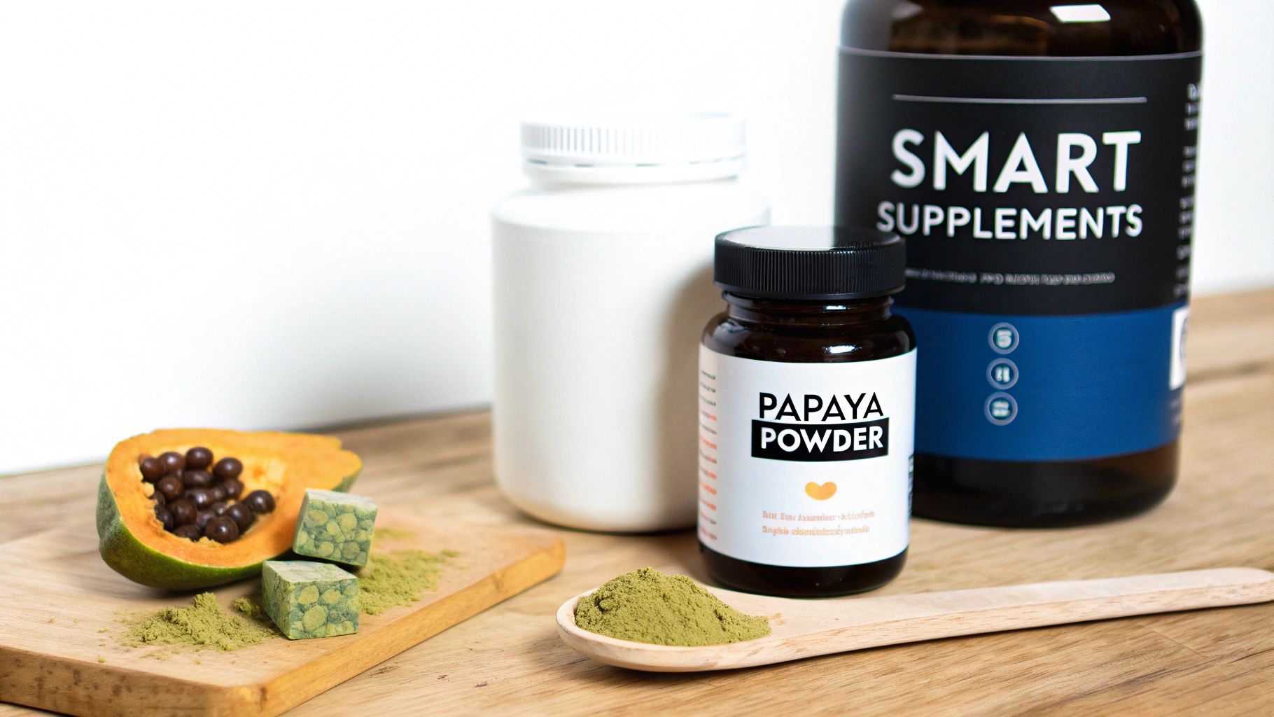A papaya, green powder, and various supplement bottles on a wooden surface, highlighting natural digestion aids.