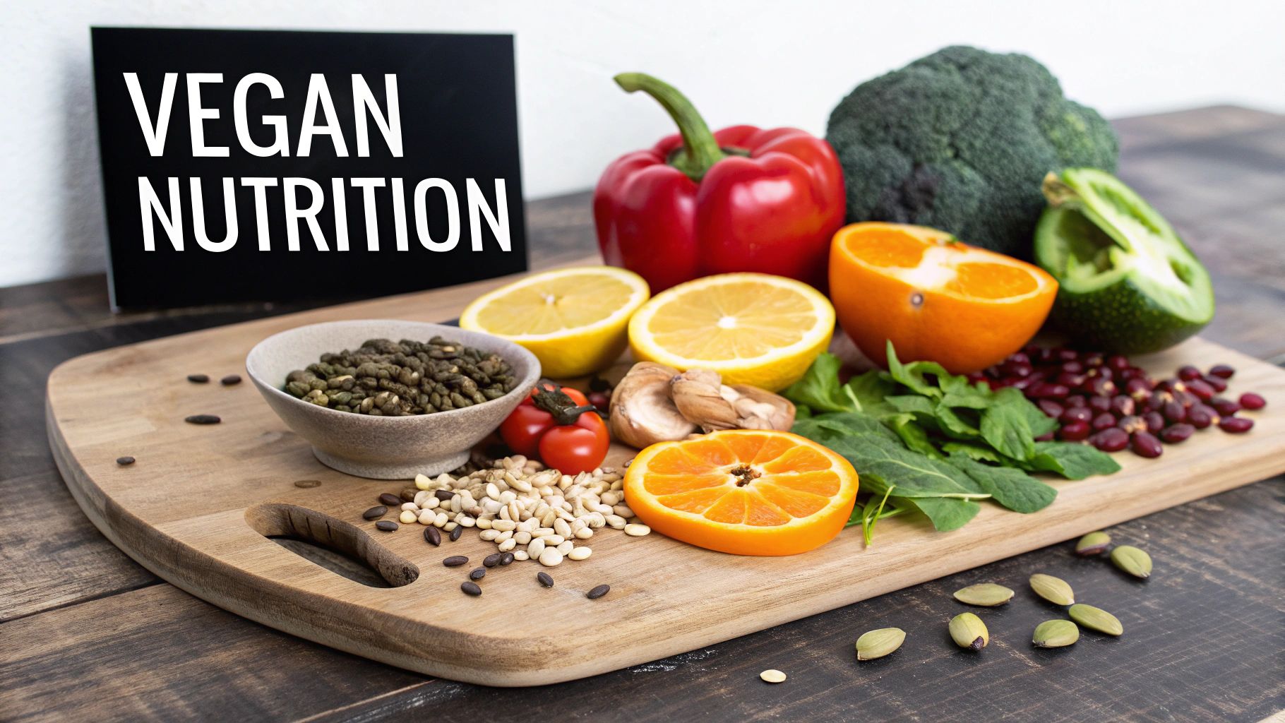 A vibrant spread of fresh fruits, vegetables, nuts, and seeds on a cutting board, with a "VEGAN NUTRITION" sign.