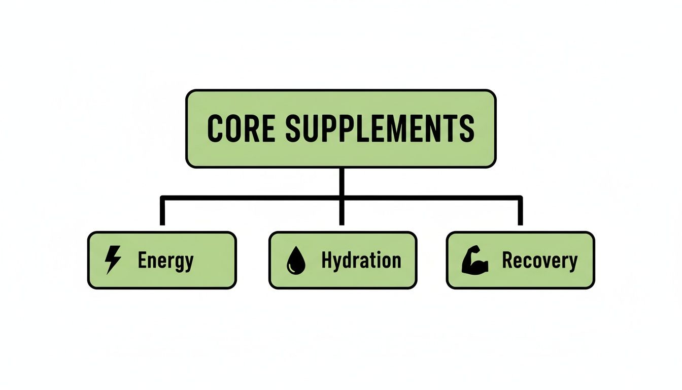 A flowchart categorizing core supplements into three main areas: energy, hydration, and recovery for athletes.