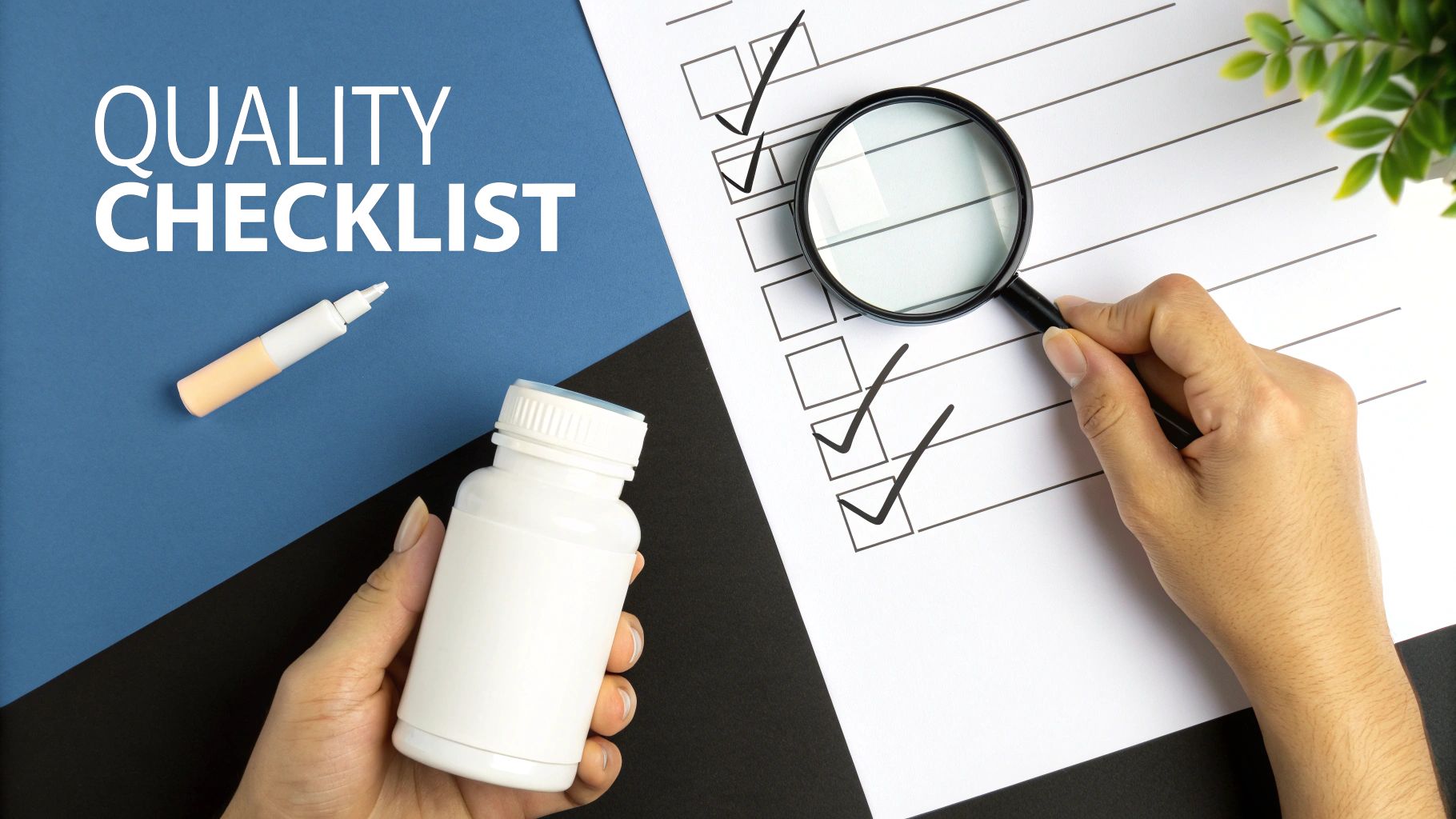 Hands reviewing a quality checklist with a magnifying glass, next to a white supplement bottle.