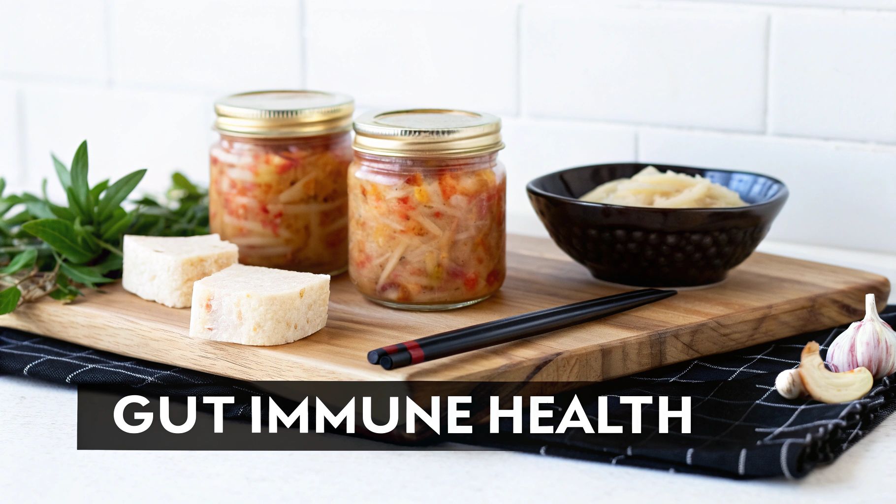 Jars of fermented vegetables, a bowl of ginger, garlic, and herbs on a cutting board for gut immune health.