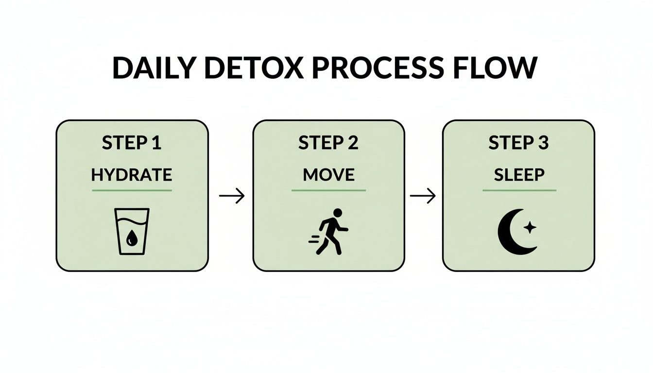 A daily detox process flow diagram showing three steps: hydrate, move, and sleep with corresponding icons.