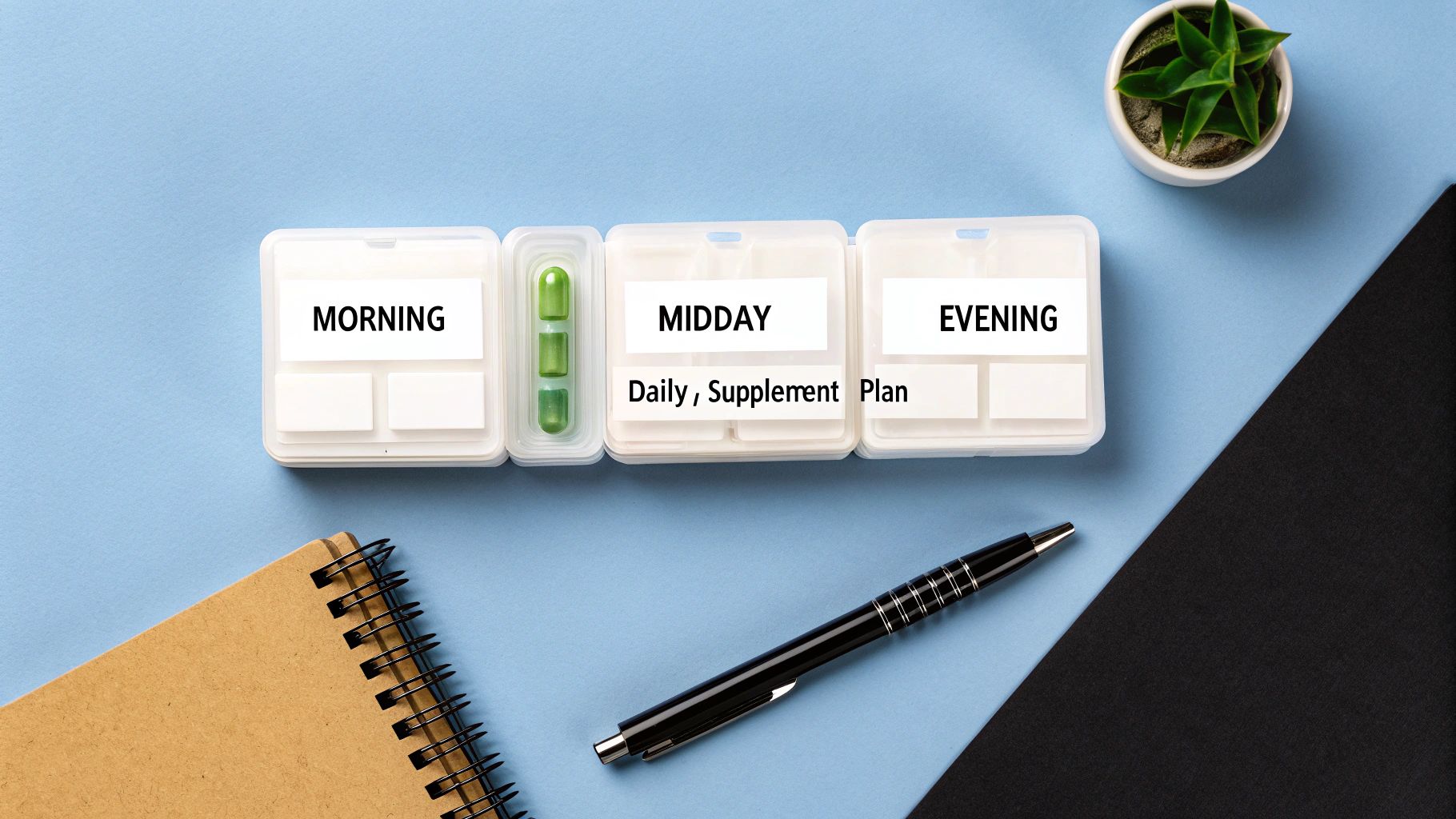 Daily supplement plan in a pill organizer with Morning, Midday, and Evening sections on a desk.