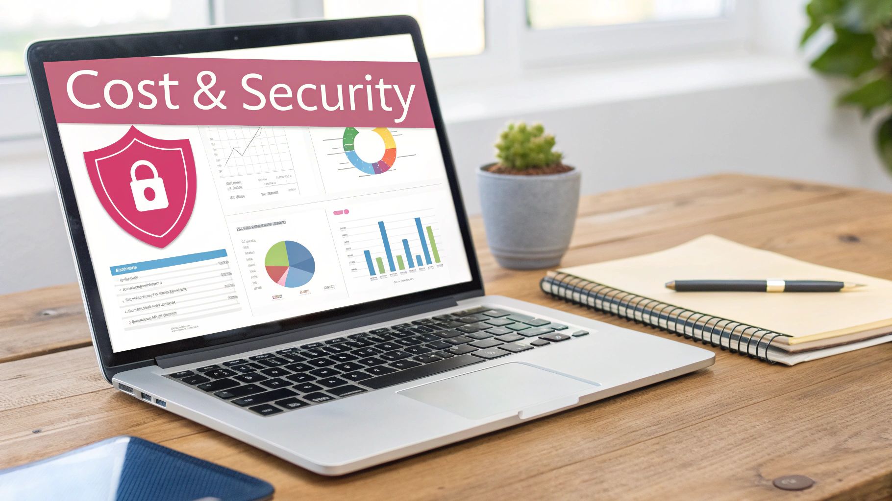 Modern Laptop Displaying Financial Data, Security Icon, And 'Cost &Amp; Security' On A Wooden Desk.