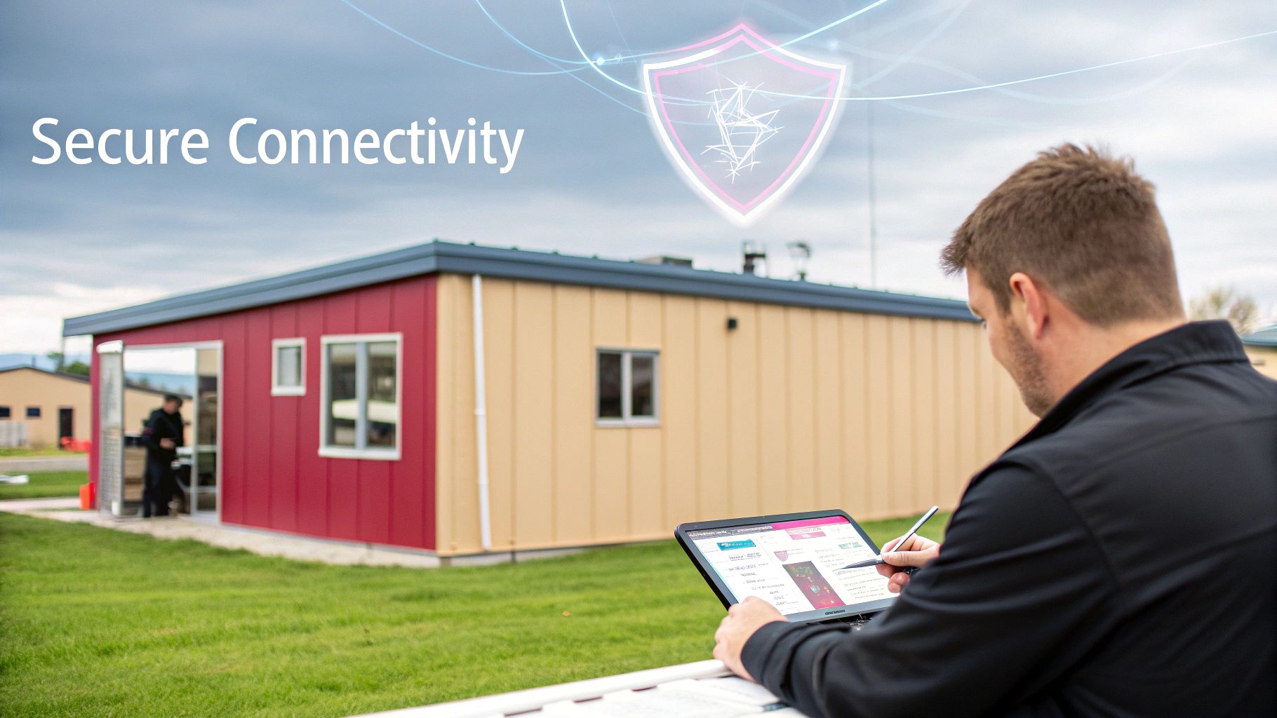 A Man Uses A Laptop Outside A Modular Building With 'Secure Connectivity' Text And A Shield Icon.