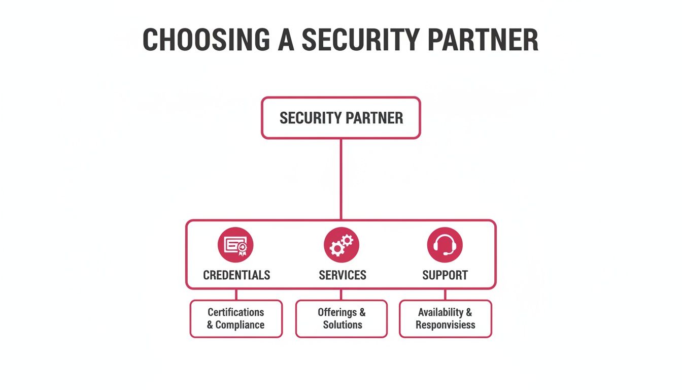 A Flowchart Illustrating Key Factors For Choosing A Security Partner, Including Credentials, Services, And Support.