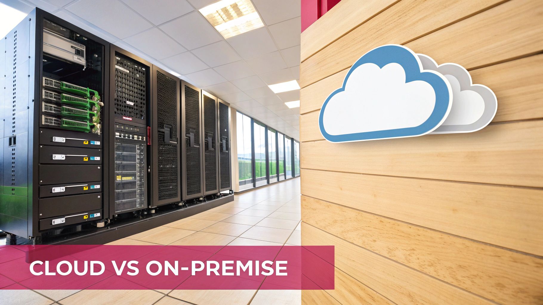 A Server Room Contrasted With A Cloud Computing Icon, Symbolizing The Choice Between On-Premise And Hosted Solutions.