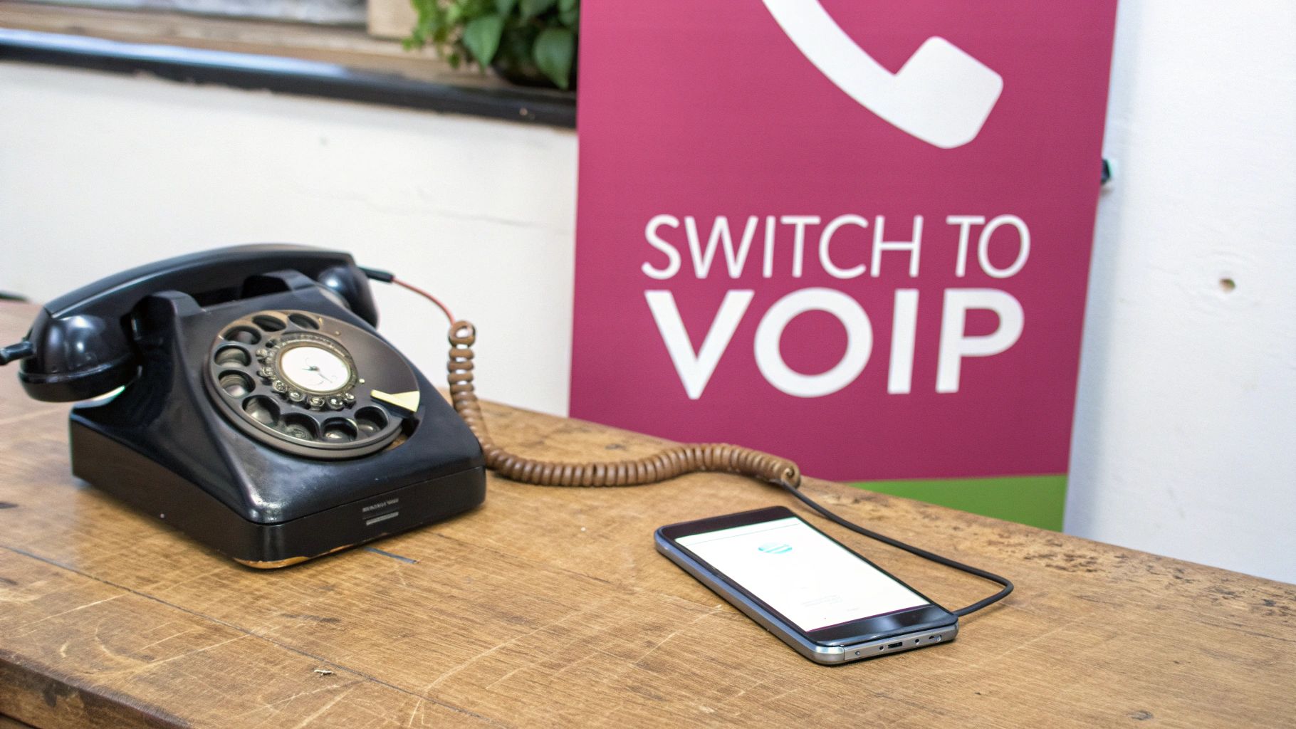 An Old Rotary Phone Next To A Modern Smartphone With A 'Switch To Voip' Sign.