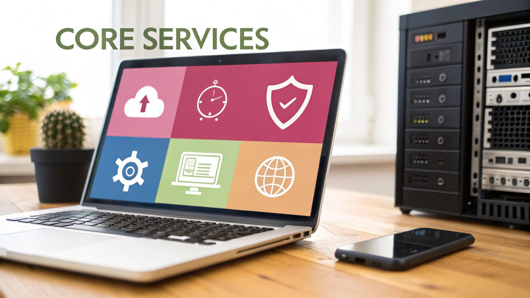 Laptop Displaying Core Services Icons Like Cloud, Security, And Global Network, With A Server Rack.