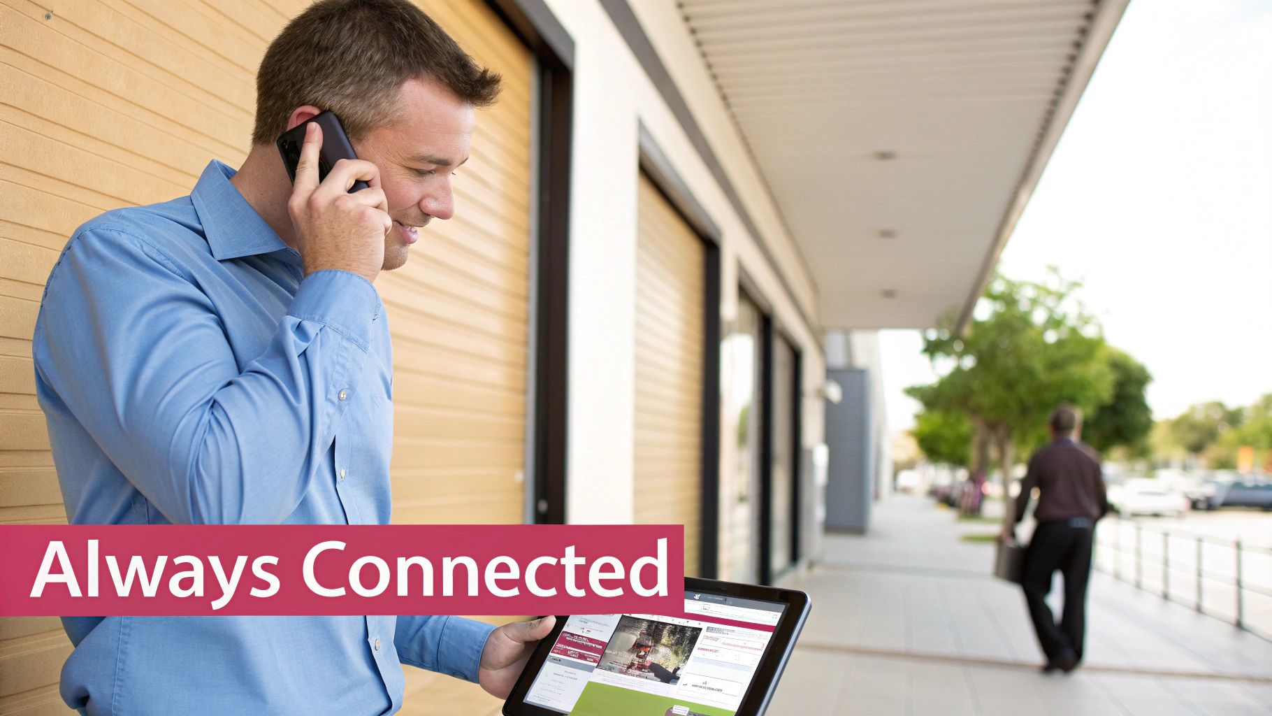 Voip Business Benefits Driving Uk Sme Growth A Man In A Blue Shirt Talking On A Phone And Viewing A Tablet Outdoors, Showcasing Mobile Connectivity.