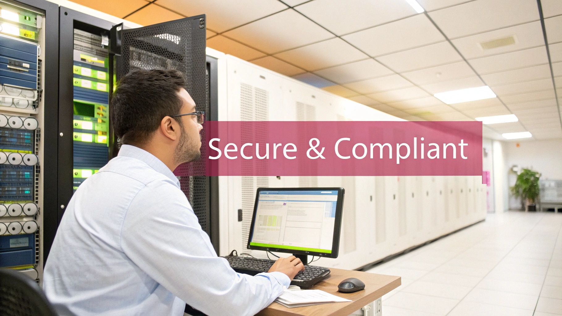 An It Professional Working On A Computer In A Data Center With Server Racks, Emphasizing Secure And Compliant Operations.