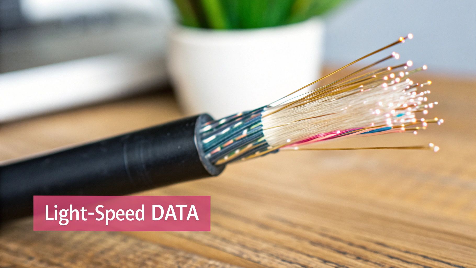 What Is Fibre Optic Broadband? A Business Guide A Close-Up View Of Light Pulsing Through Fibre Optic Strands.