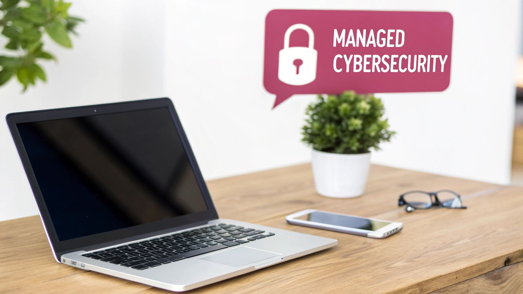 Laptop, Smartphone, And Glasses On A Desk With A 'Managed Cybersecurity' Speech Bubble And Padlock.