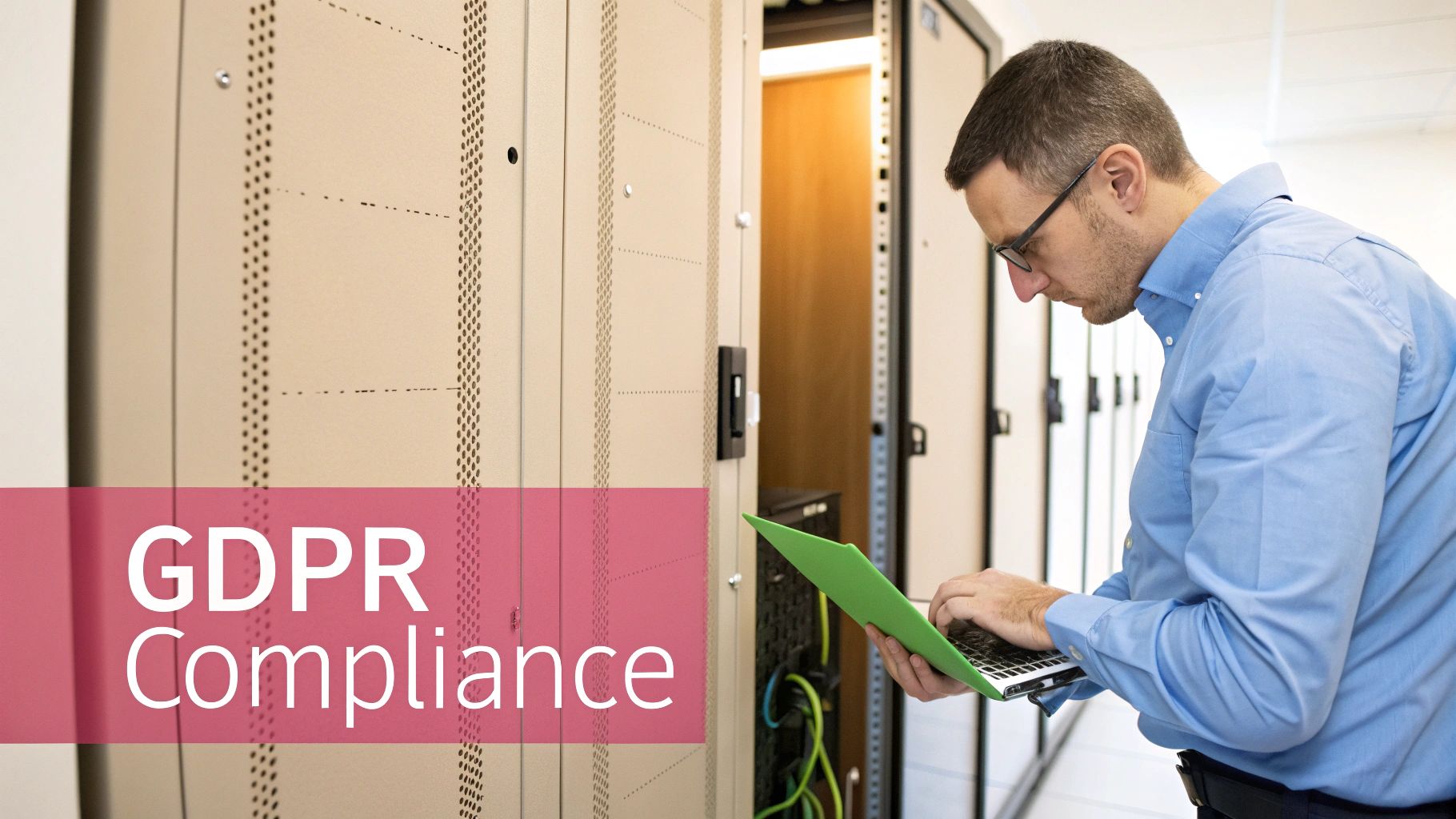 A Secure Server Room With Locked Racks, Representing Uk Data Security And Compliance.