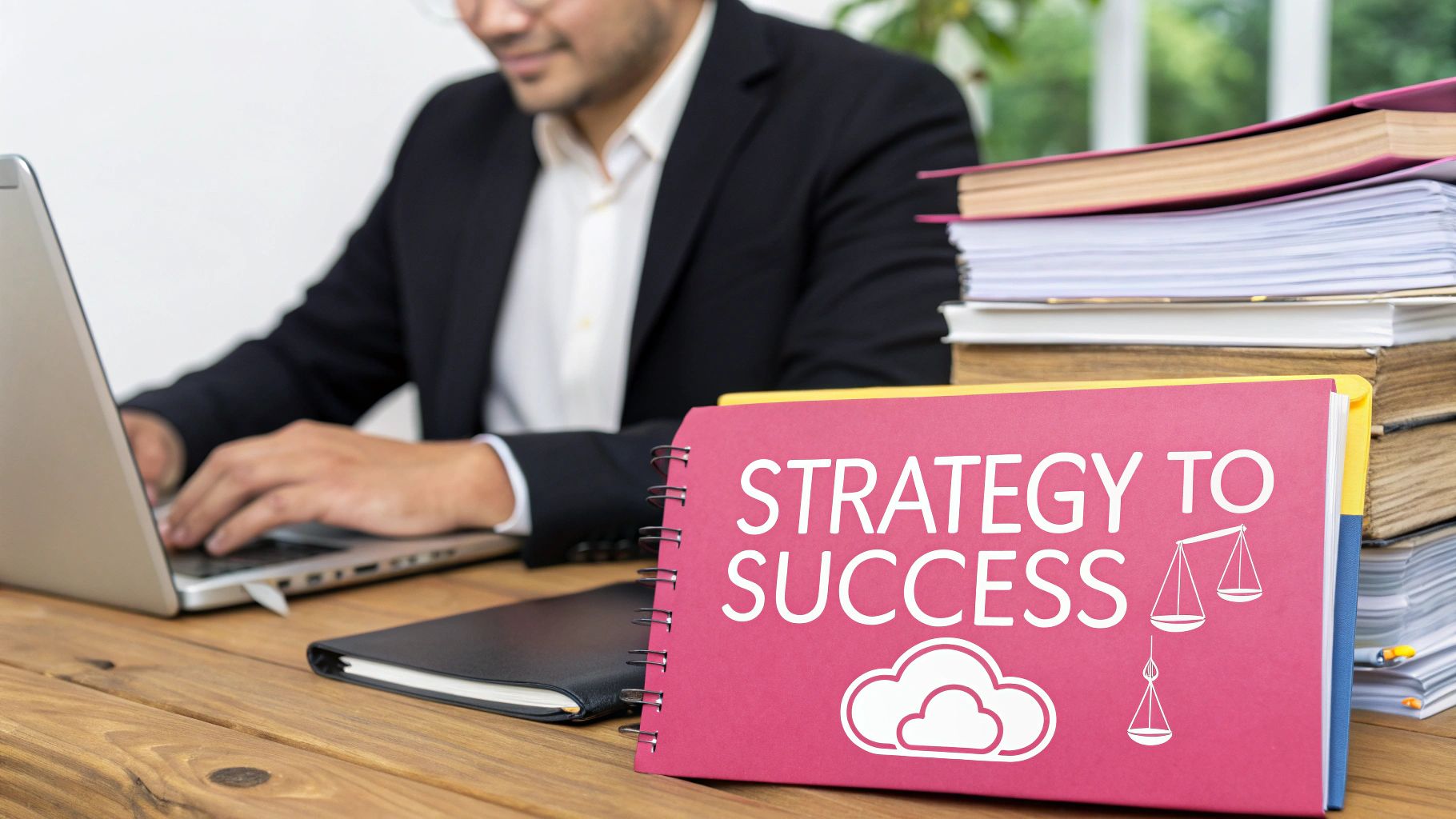 A Businessman Typing On A Laptop With A Red Binder Titled 'Strategy To Success' On A Wooden Desk.