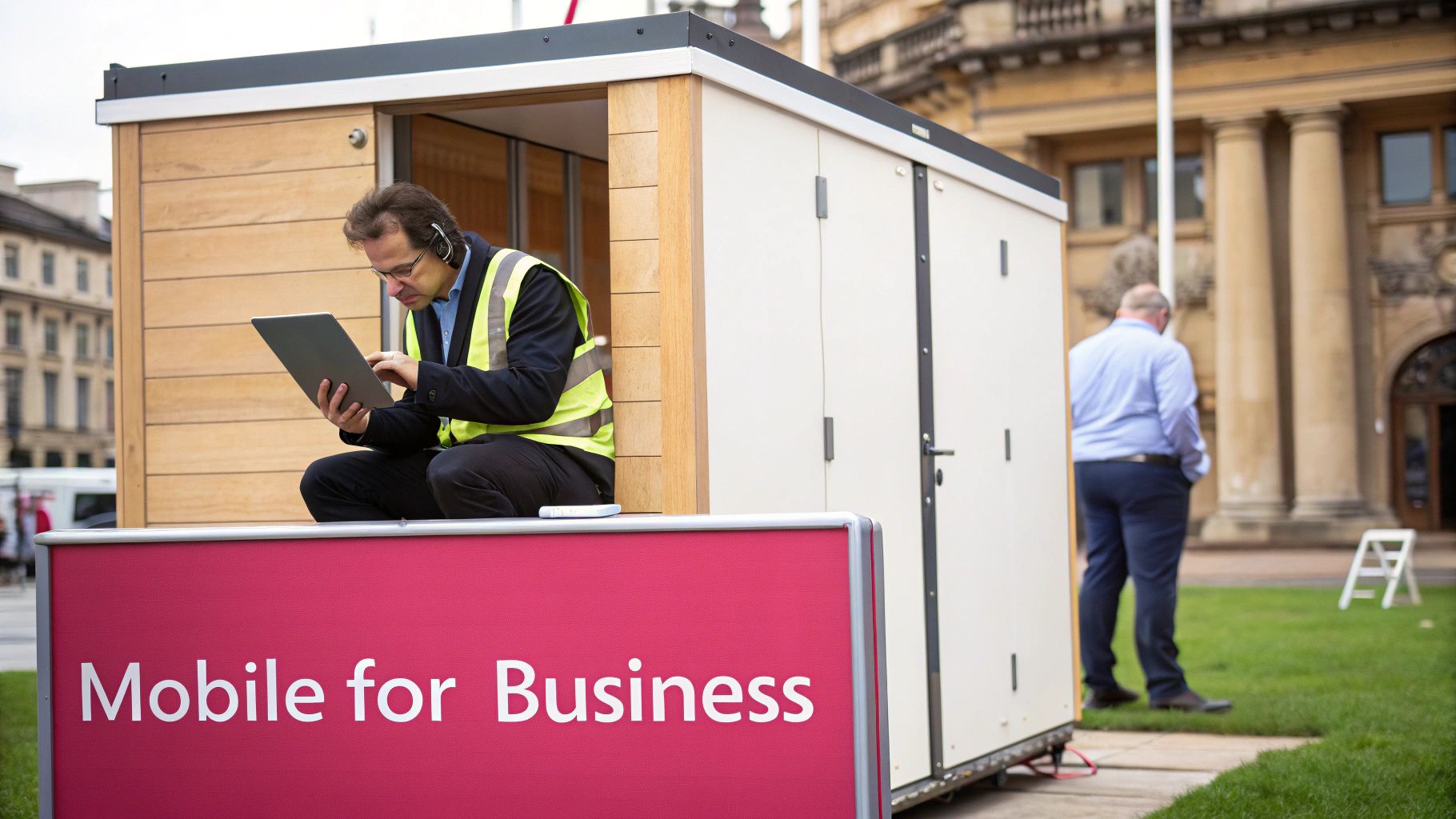Man In High-Vis Vest Working On A Tablet Inside A Mobile Office For Business Outdoors.