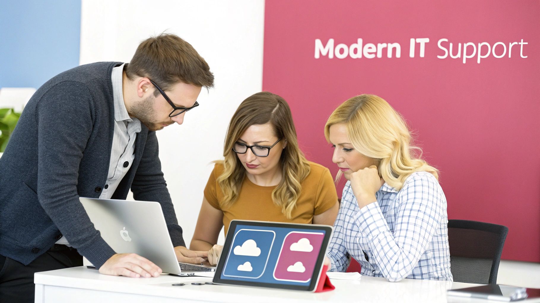 What Is It Support: Your Guide To It Help For Uk Businesses Three Colleagues Collaborate On It Support, Using A Laptop And Tablet With Cloud Icons In An Office.