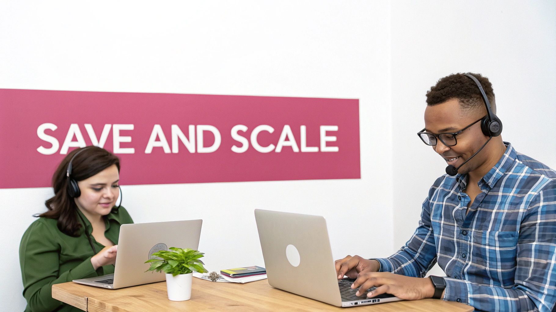 Two Call Center Agents Wearing Headsets Work On Laptops In An Office With A 'Save And Scale' Sign.