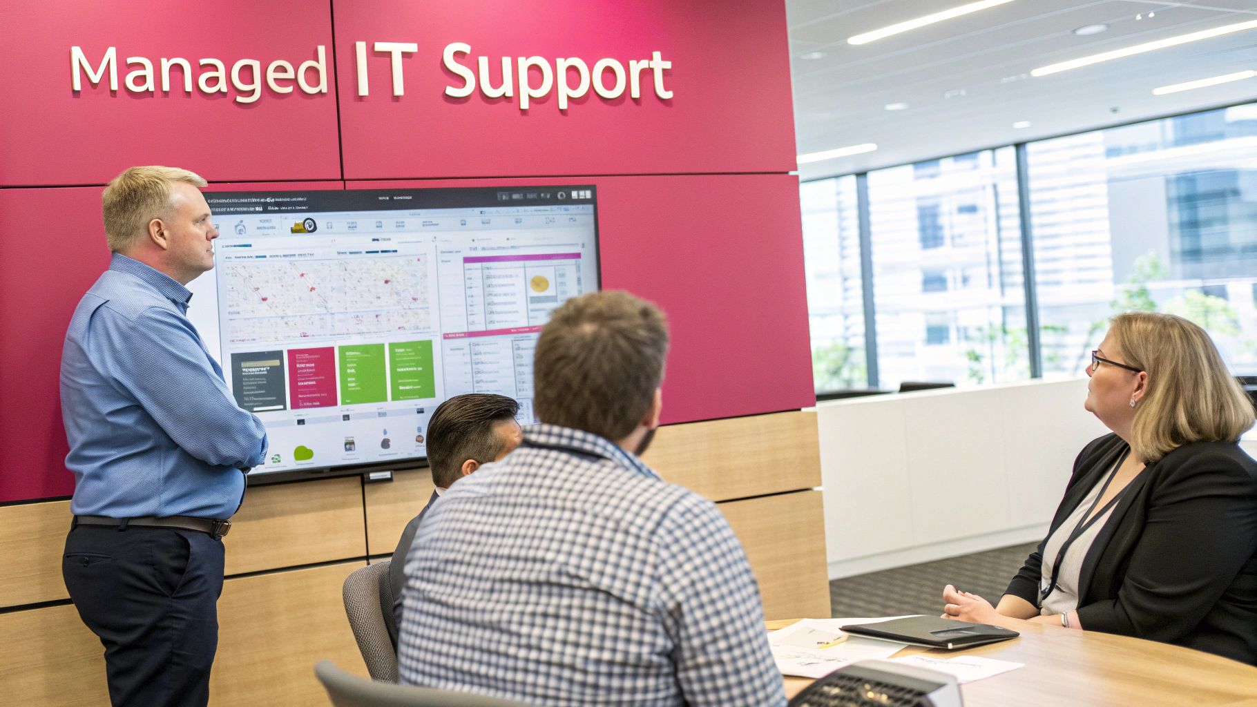 Professionals Discussing Data On A Large Screen In A Modern Office With 'Managed It Support' On The Wall.