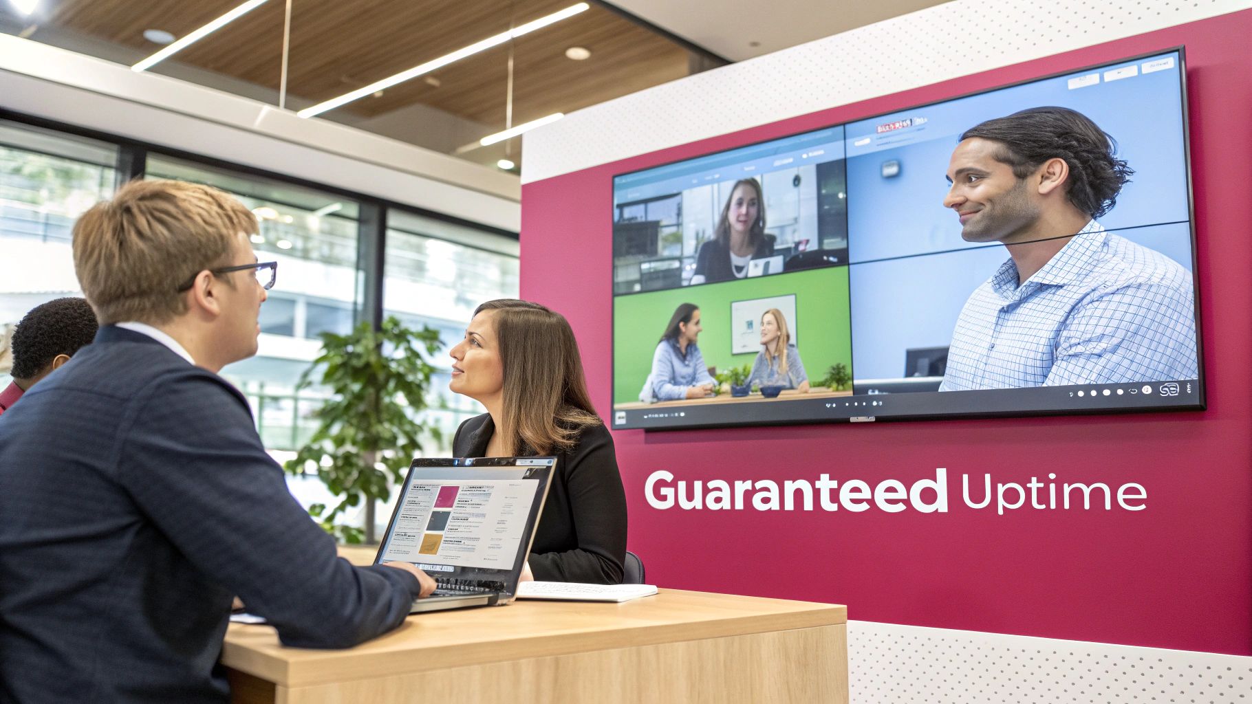 Two Business Professionals Are In A Meeting, With A Large Screen Displaying A Video Conference And 'Guaranteed Uptime' Text.