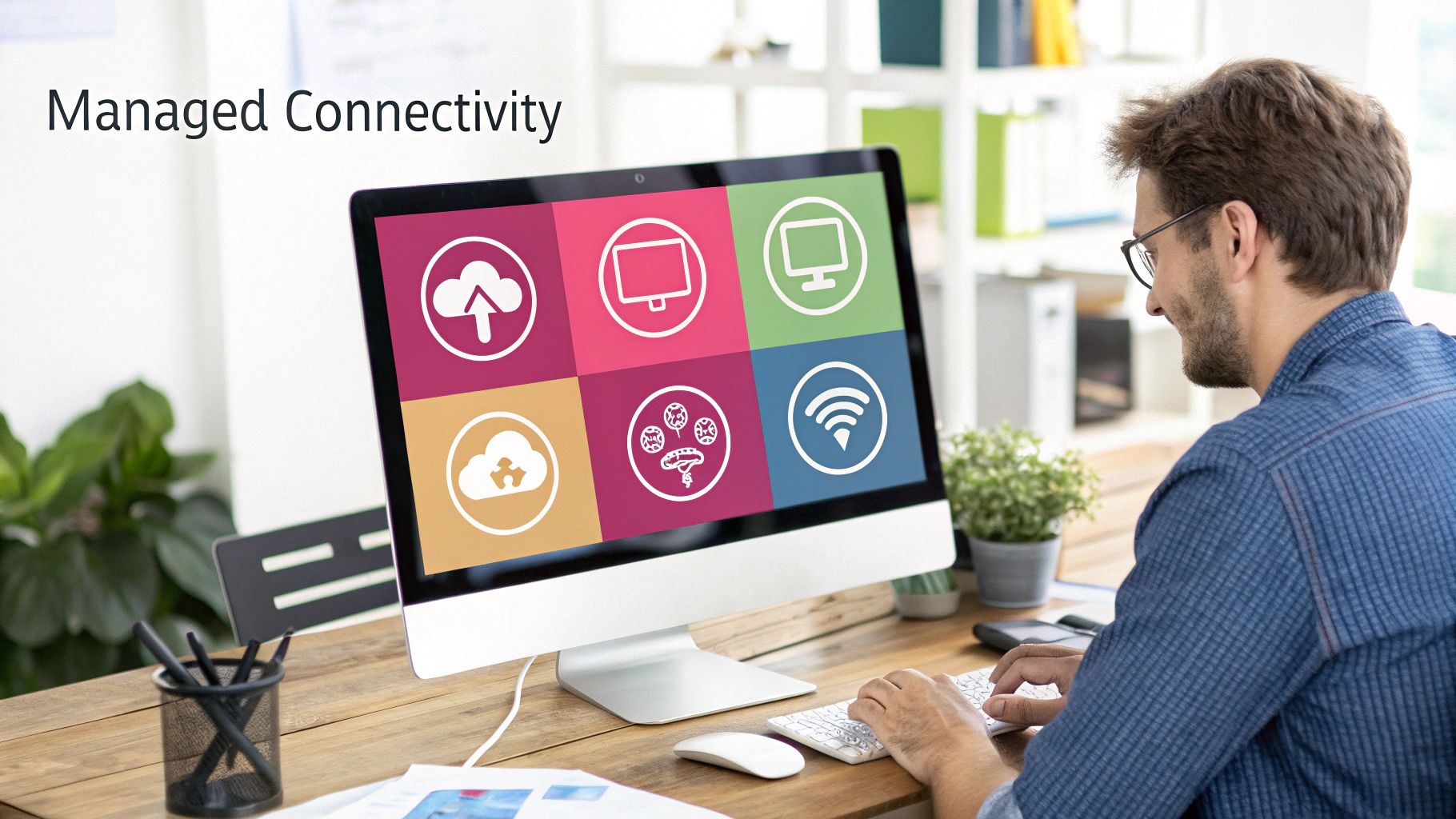 A Man Works On A Computer Displaying Icons For Managed Connectivity Services In An Office.