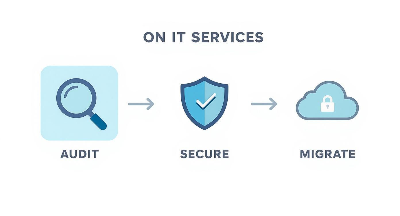 A Diagram Illustrating A Three-Step It Services Process: Audit, Secure, And Migrate, With Corresponding Icons.