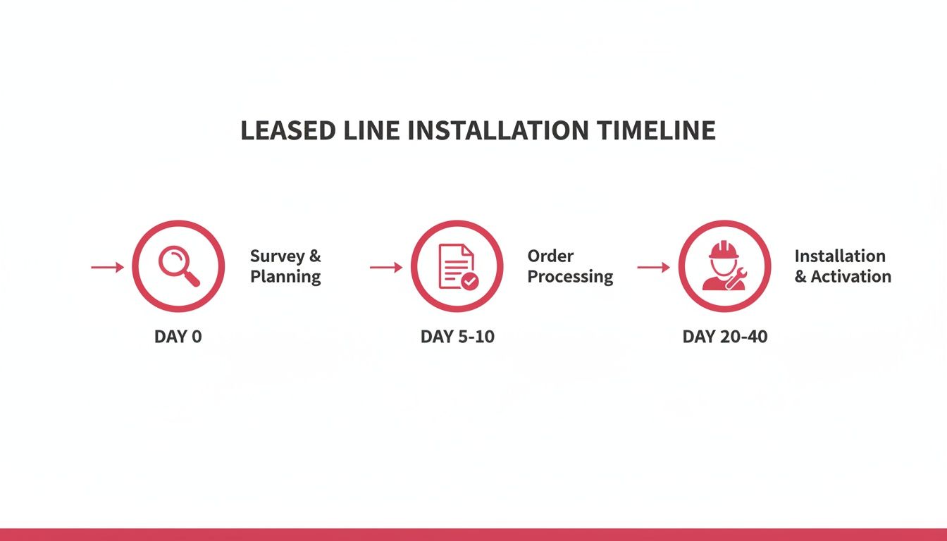 Your Guide To A Business Leased Line In The Uk Infographic Detailing The Leased Line Installation Timeline With Key Stages And Estimated Days.