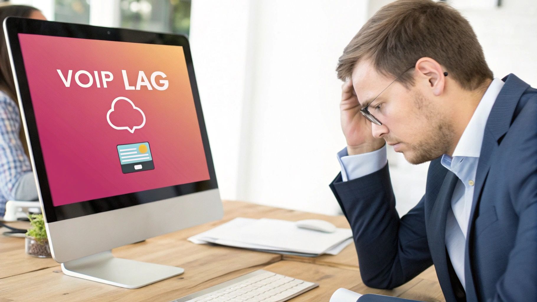 A Frustrated Business Professional Looking At A Slow-Loading Laptop Screen.