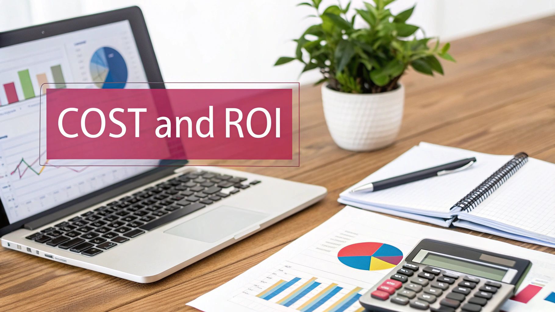 A Strategic Guide For Companies Outsourcing It In The Uk A Laptop Displaying Financial Charts And Graphs On A Wooden Desk With A Calculator And Notebook, Featuring 'Cost And Roi' Text.