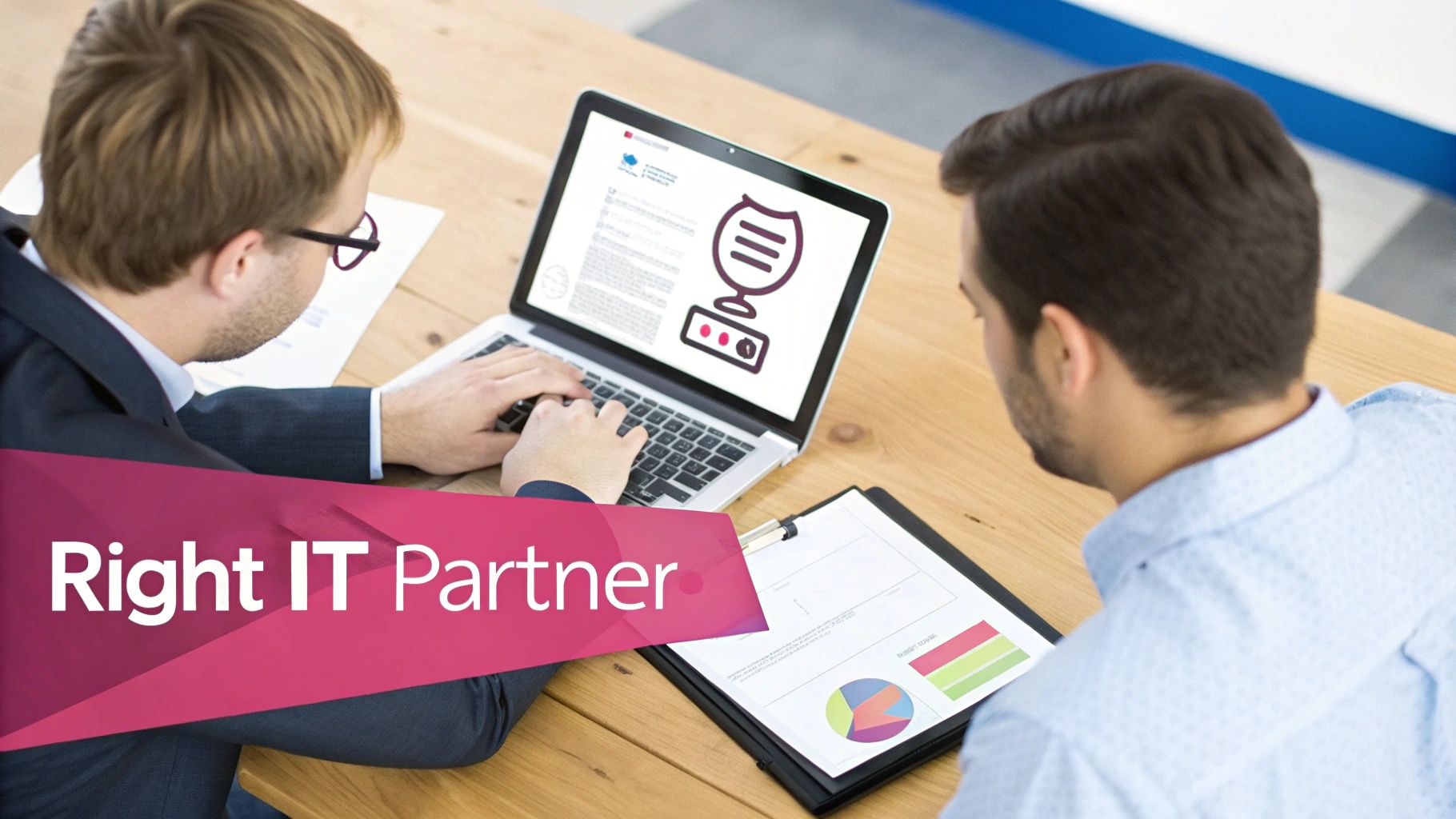 Business Continuity Service For Uk Professional Services: A Practical Guide Two Men Collaborating At A Table With A Laptop Displaying A Security Icon And Business Documents.