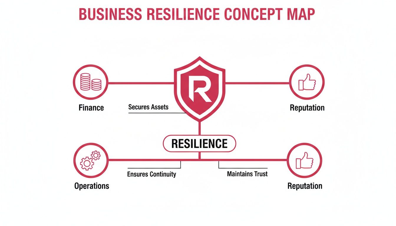 Infographic: Business Resilience Concept Map Showing Connections To Finance, Operations, And Reputation.