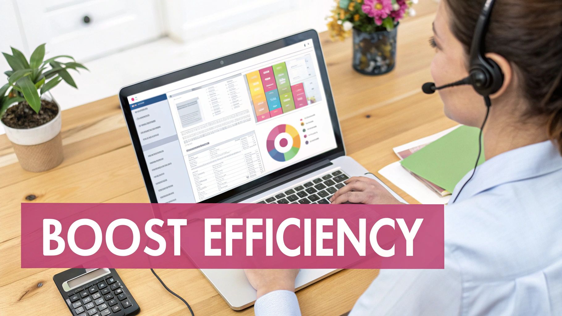 A Complete Guide To Ip Phone Services For Business Professional Woman Wearing Headset Working On Laptop With Colorful Data Dashboard To Boost Business Efficiency