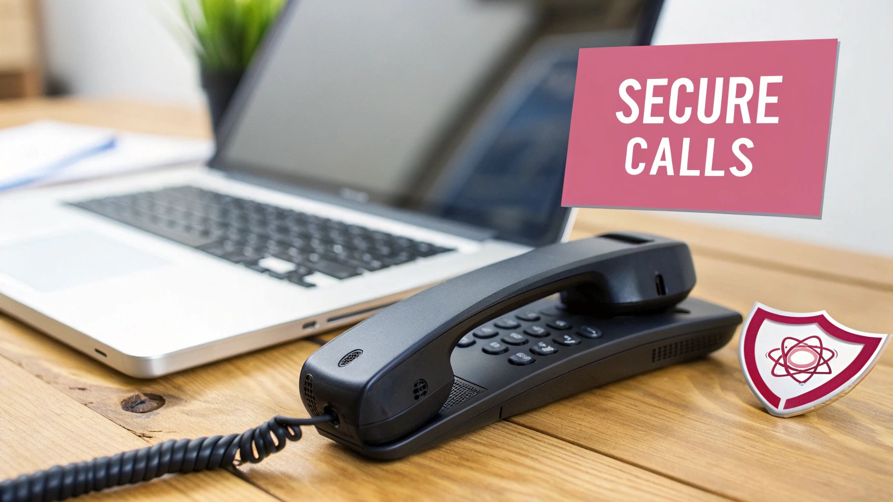 Black Landline Phone, Laptop, And Shield Icon On A Wooden Desk With A 'Secure Calls' Sign.