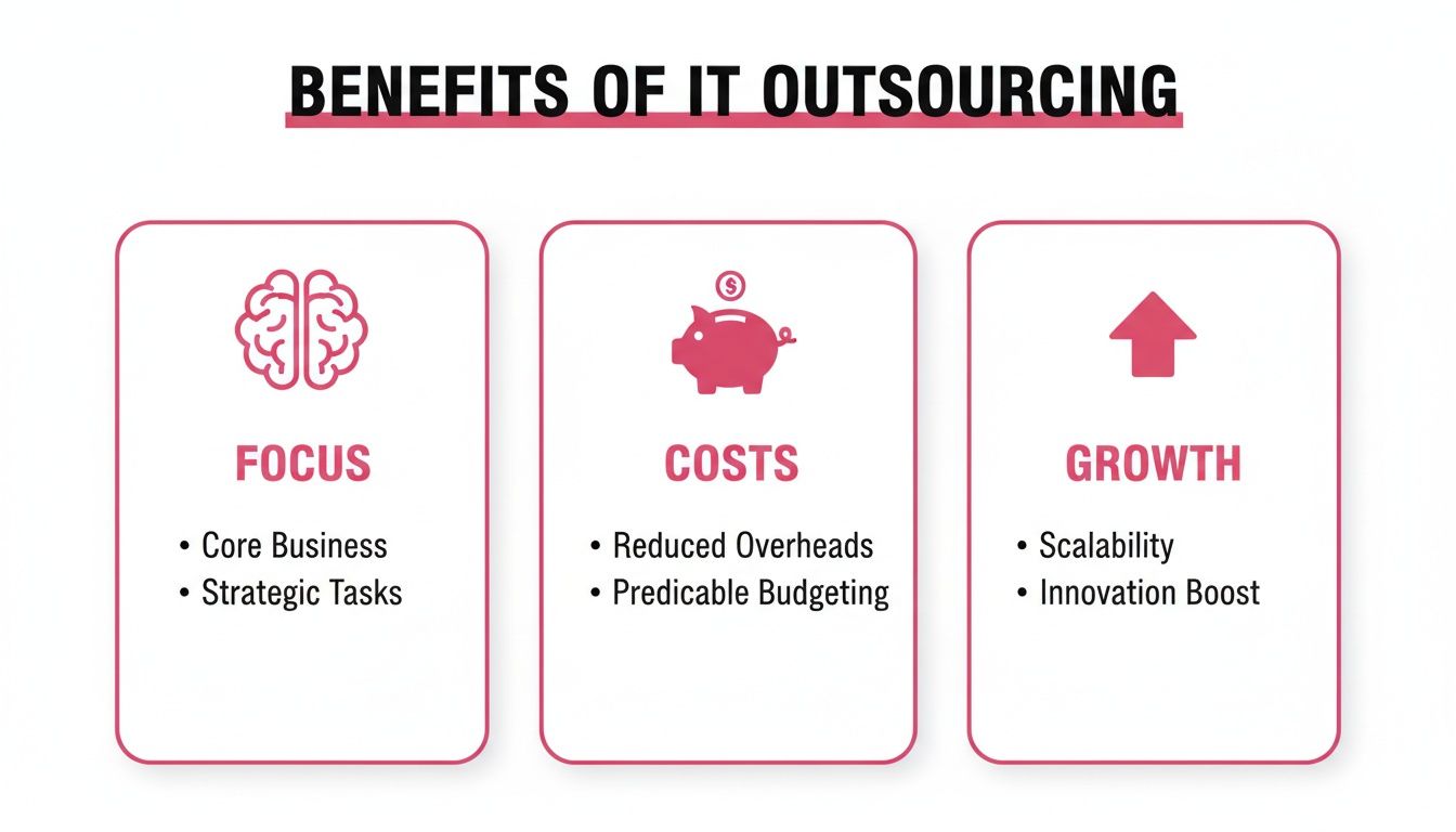 A Strategic Guide For Companies Outsourcing It In The Uk Infographic Illustrating The Benefits Of It Outsourcing, Highlighting Focus, Reduced Costs, And Business Growth.